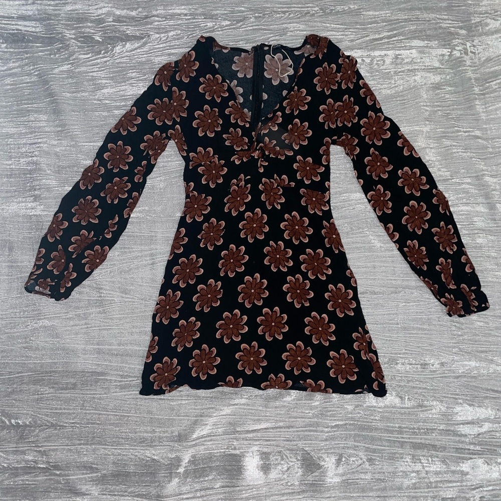 Pull & Bear boho dress womens large long sleeve black floral hippy short dress